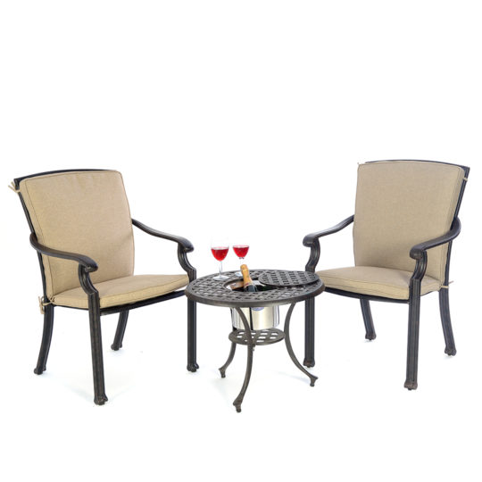 Kensington Low Ice Bucket Table & 2 Dining Chairs Outside Edge Garden